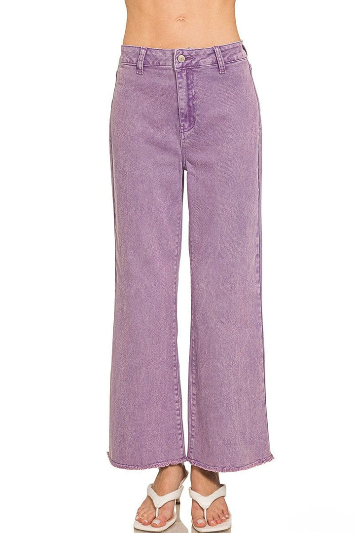 Zenana Acid Washed Frayed Cutoff Hem Straight Wide Pants