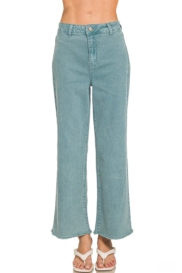 Zenana Acid Washed Frayed Cutoff Hem Straight Wide Pants