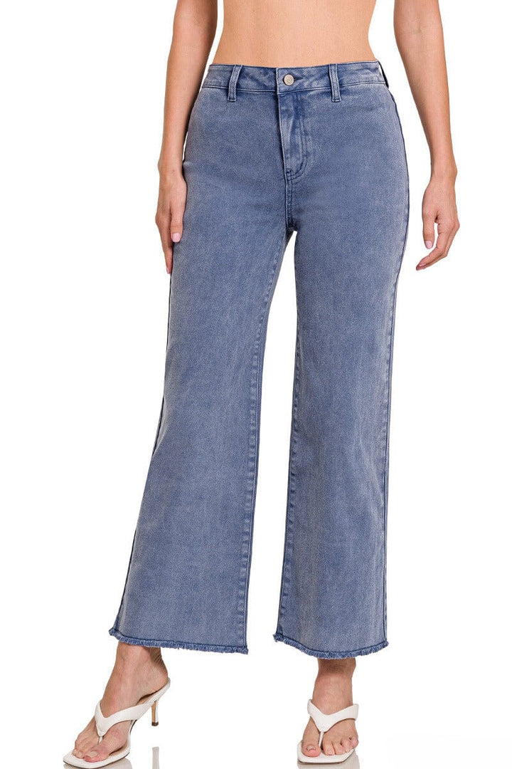 Zenana Acid Washed Frayed Cutoff Hem Straight Wide Pants