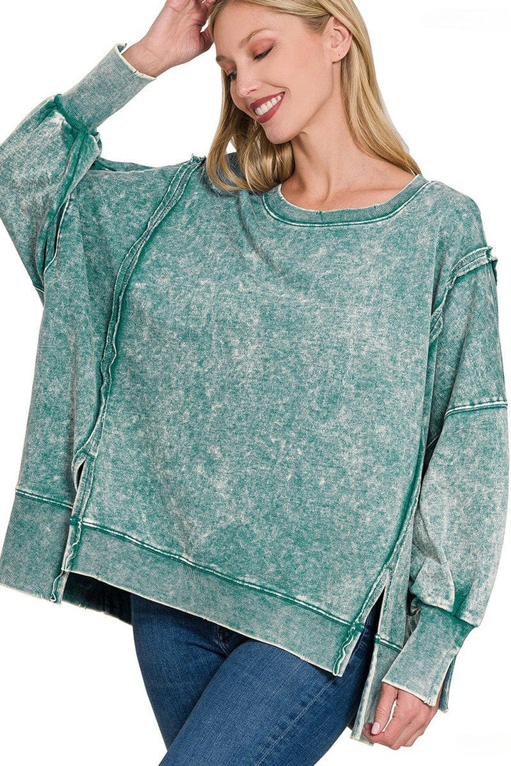 Zenana Acid Washed French Terry Exposed Seam Sweatshirt