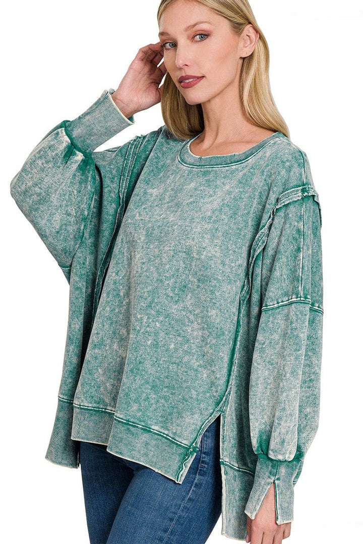 Zenana Acid Washed French Terry Exposed Seam Sweatshirt