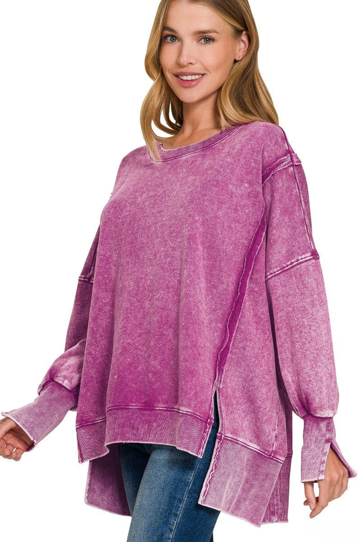 Zenana Acid Washed French Terry Exposed Seam Sweatshirt