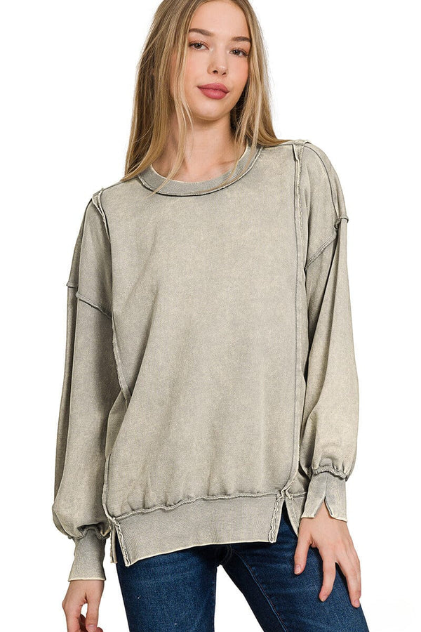 Zenana Acid Washed French Terry Exposed Seam Sweatshirt