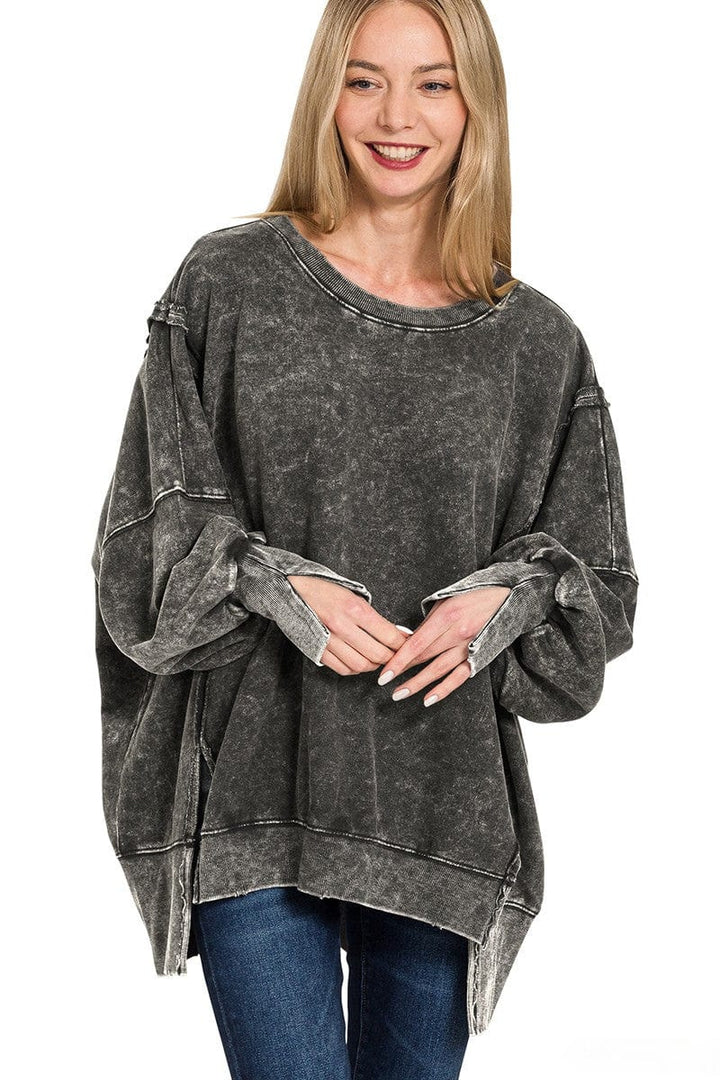 Zenana Acid Washed French Terry Exposed Seam Sweatshirt