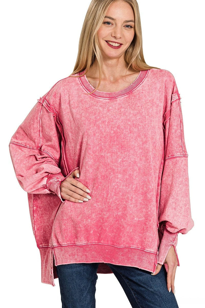Zenana Acid Washed French Terry Exposed Seam Sweatshirt
