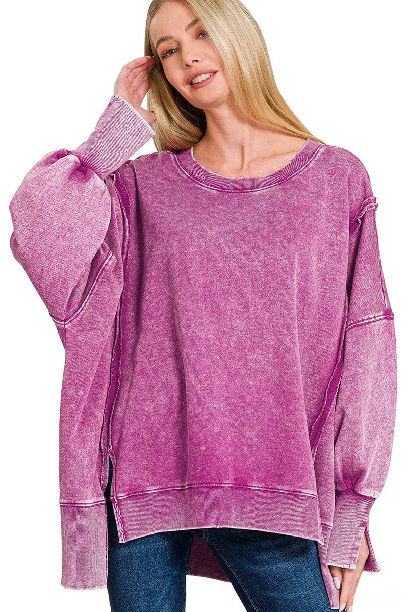 Zenana Acid Washed French Terry Exposed Seam Sweatshirt