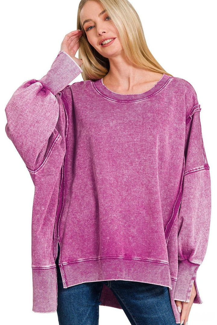 Zenana Acid Washed French Terry Exposed Seam Sweatshirt