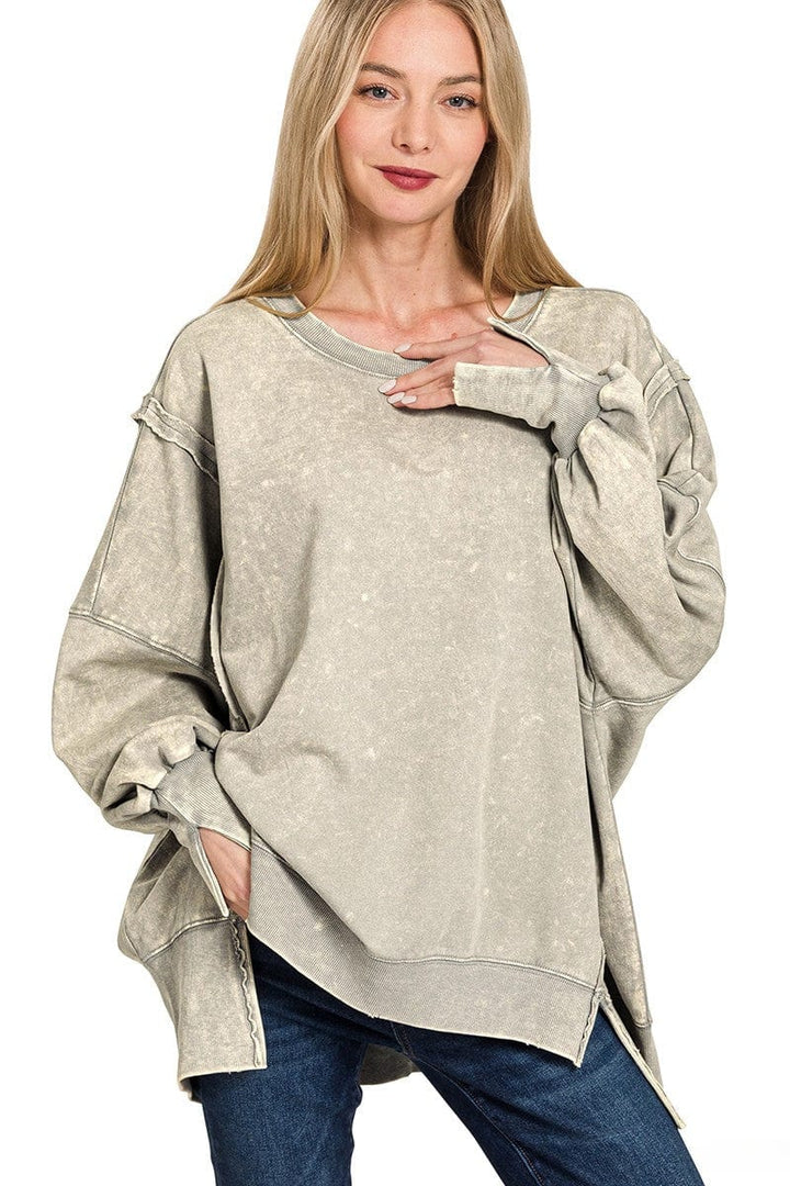 Zenana Acid Washed French Terry Exposed Seam Sweatshirt