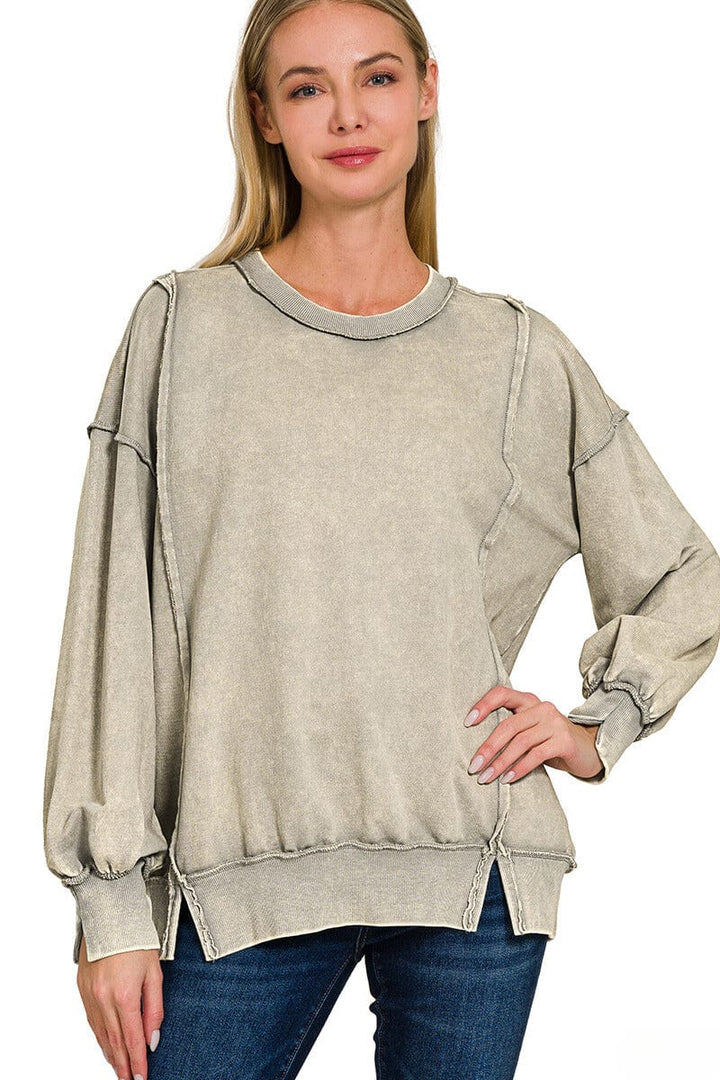 Zenana Acid Washed French Terry Exposed Seam Sweatshirt