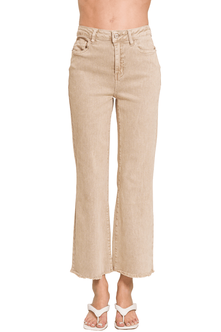 Zenana Acid Washed High Waist Frayed Hem Bootcut Jeans