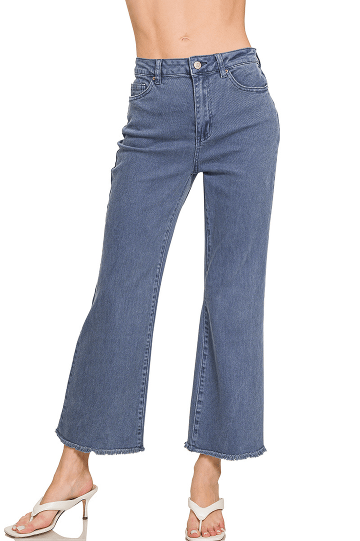 Zenana Acid Washed High Waist Frayed Hem Bootcut Jeans
