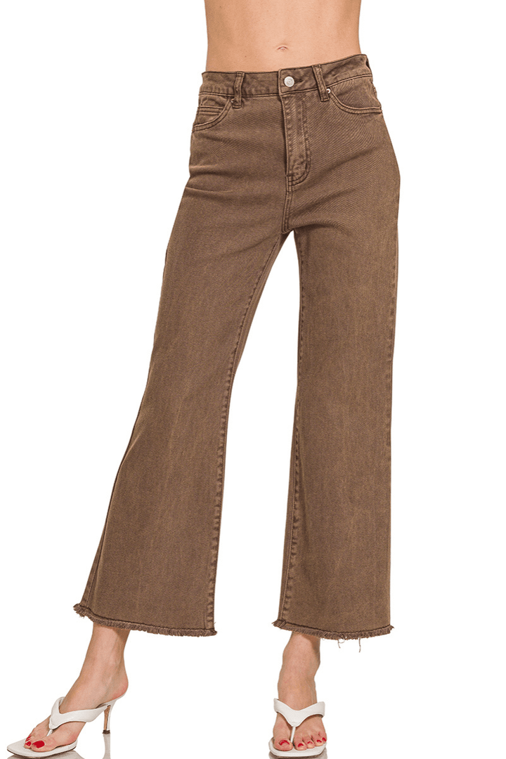 Zenana Acid Washed High Waist Frayed Hem Bootcut Jeans