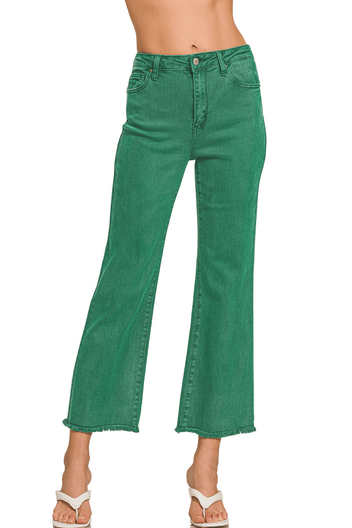 Zenana Acid Washed High Waist Frayed Hem Bootcut Jeans