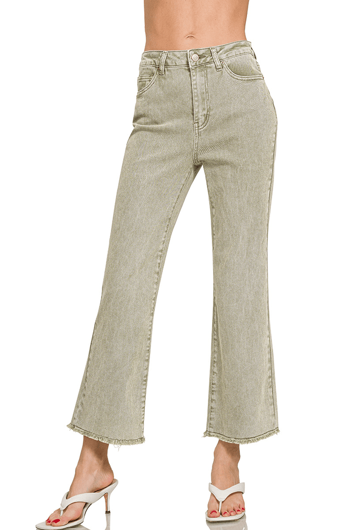 Zenana Acid Washed High Waist Frayed Hem Bootcut Jeans