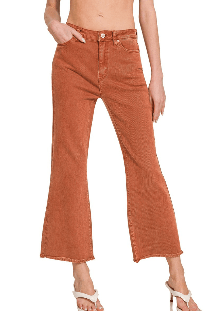 Zenana Acid Washed High Waist Frayed Hem Bootcut Jeans
