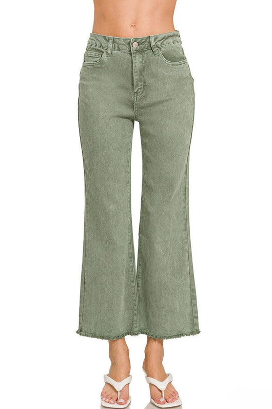 Zenana Acid Washed High Waist Frayed Hem Bootcut Pants