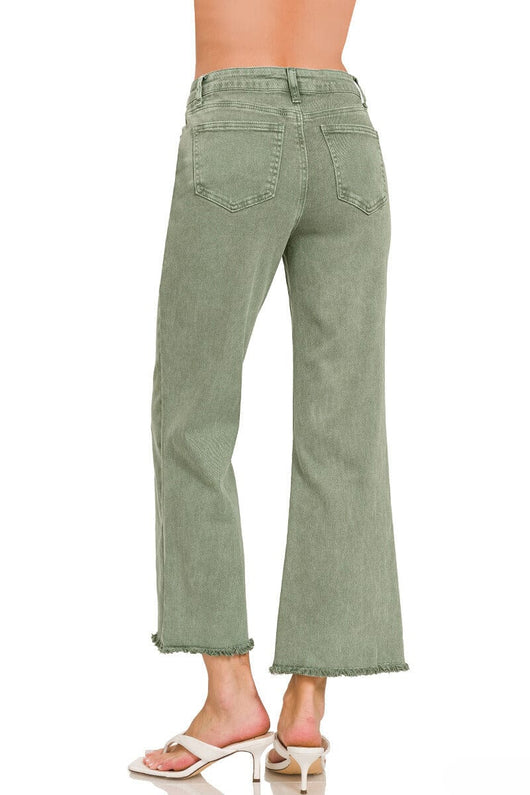 Zenana Acid Washed High Waist Frayed Hem Bootcut Pants