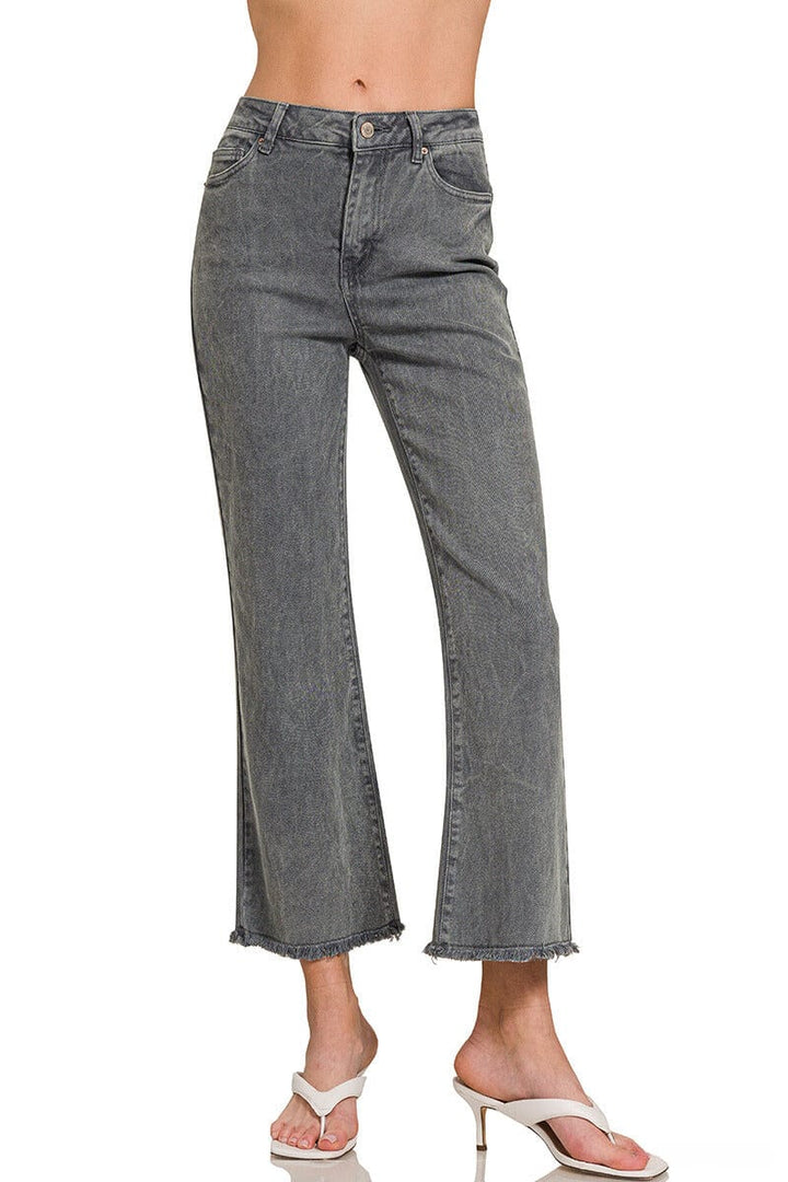 Zenana Acid Washed High Waist Frayed Hem Bootcut Pants