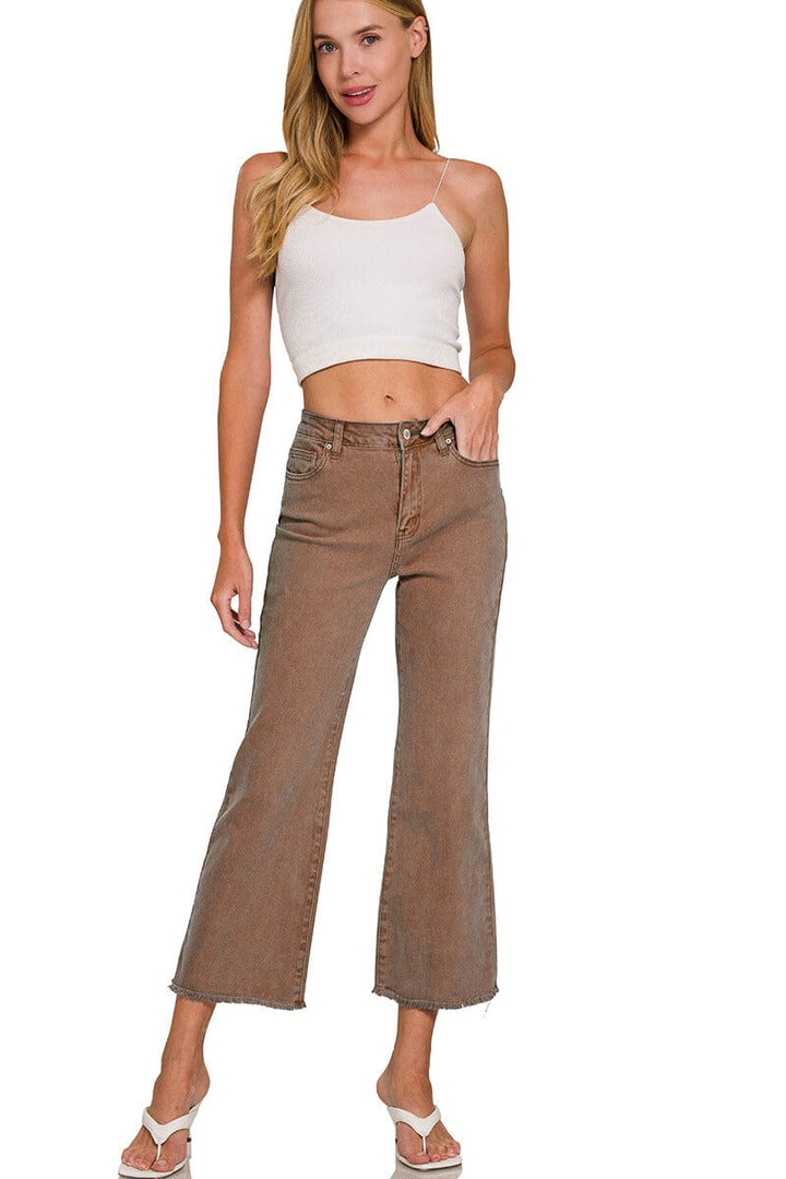 Zenana Acid Washed High Waist Frayed Hem Bootcut Pants