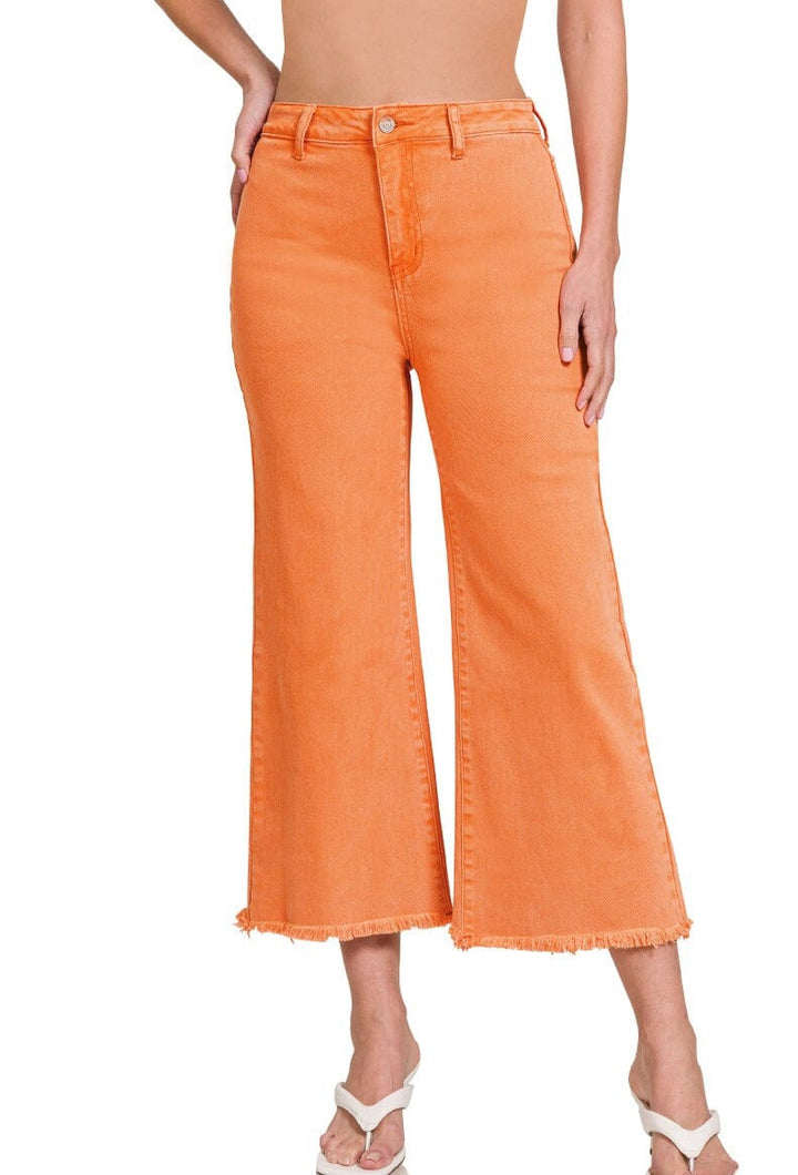 Zenana Acid Washed High Waist Frayed Hem Straight Pants