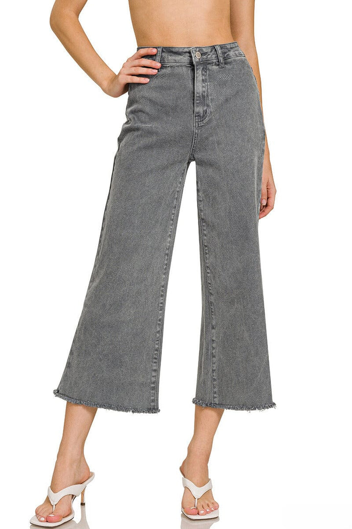 Zenana Acid Washed High Waist Frayed Hem Straight Pants