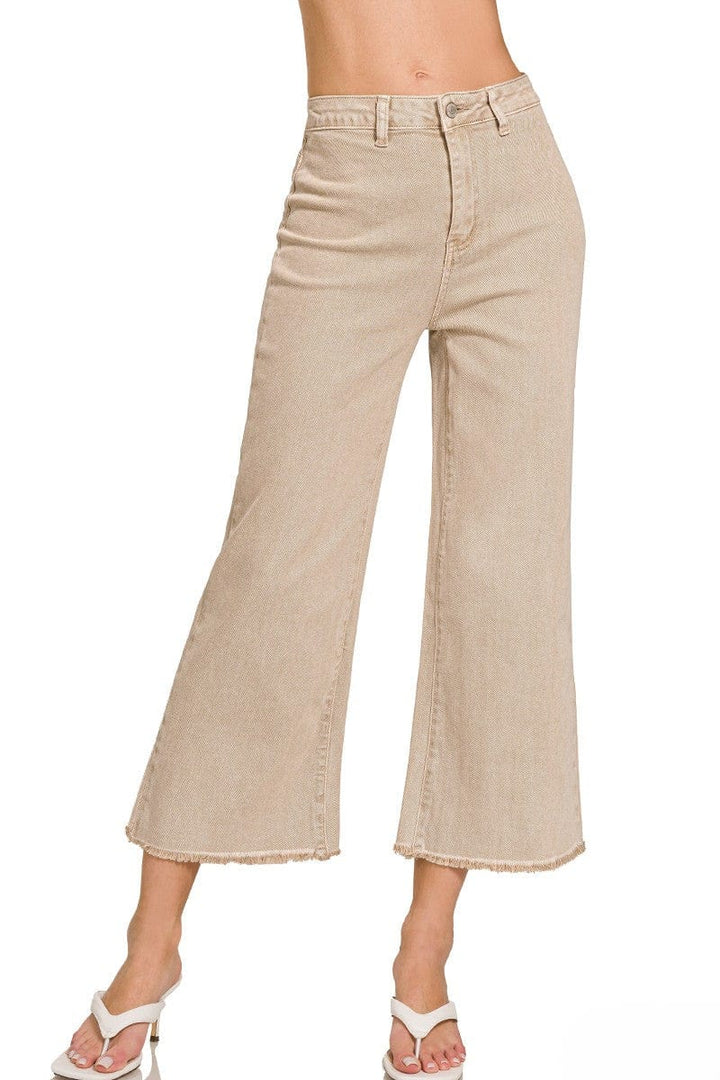 Zenana Acid Washed High Waist Frayed Hem Straight Pants