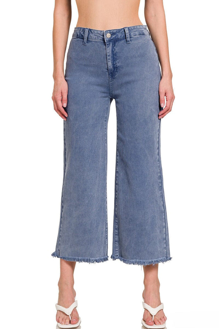 Zenana Acid Washed High Waist Frayed Hem Straight Pants