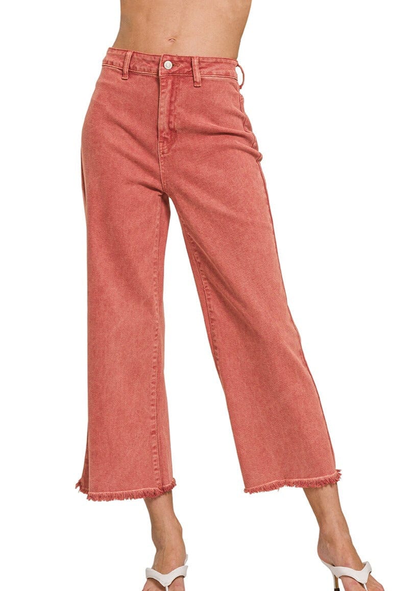 ohana！ Zenana Acid Washed High Waist Frayed Hem Straight Pants