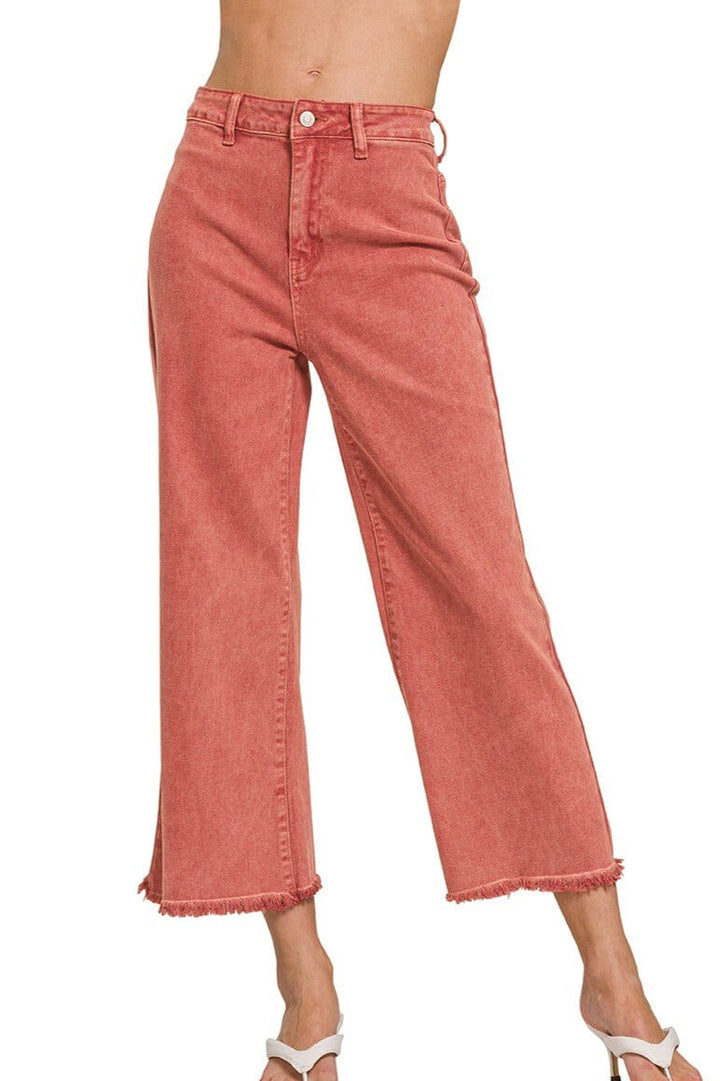 Zenana Acid Washed High Waist Frayed Hem Straight Pants