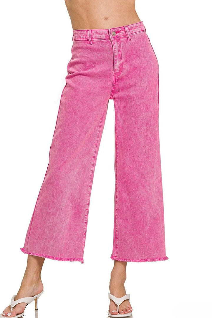 Zenana Acid Washed High Waist Frayed Hem Straight Pants