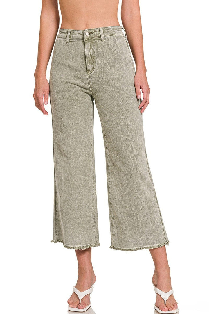 Zenana Acid Washed High Waist Frayed Hem Straight Pants