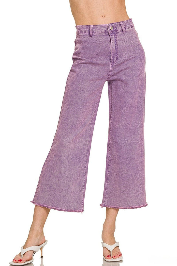 Zenana Acid Washed High Waist Frayed Hem Straight Pants