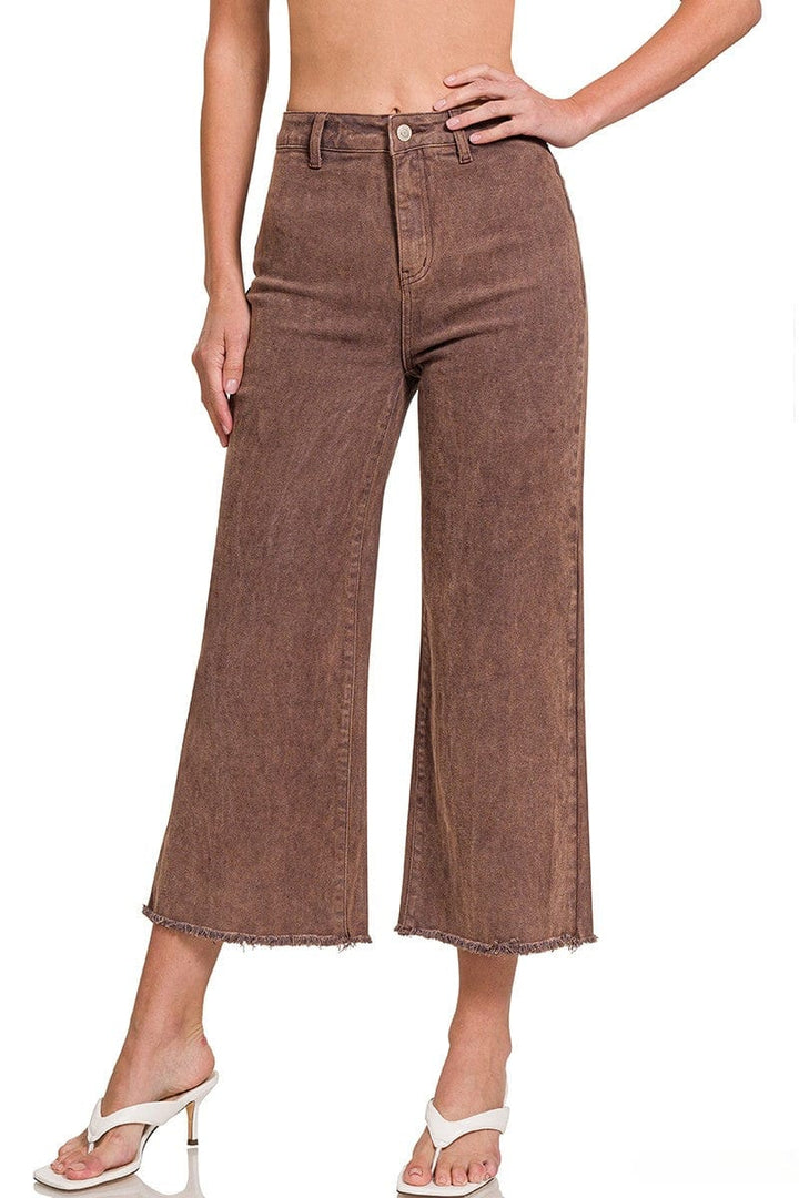Zenana Acid Washed High Waist Frayed Hem Straight Pants
