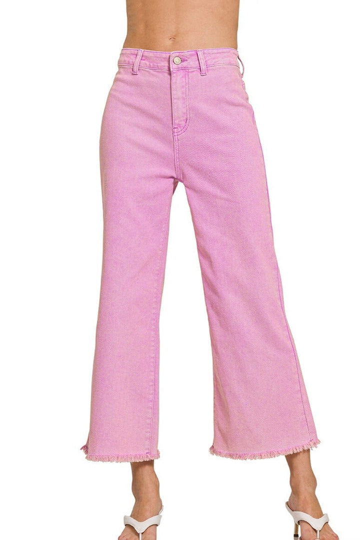 Zenana Acid Washed High Waist Frayed Hem Straight Pants