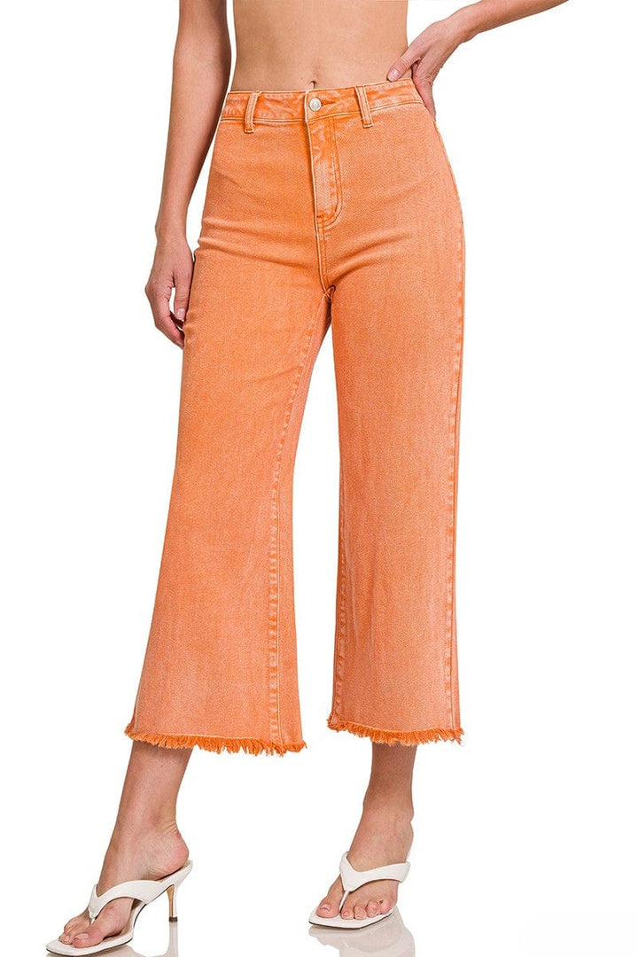 Zenana Acid Washed High Waist Frayed Hem Straight Pants