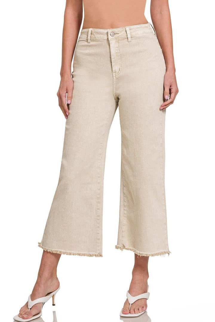 Zenana Acid Washed High Waist Frayed Hem Straight Pants