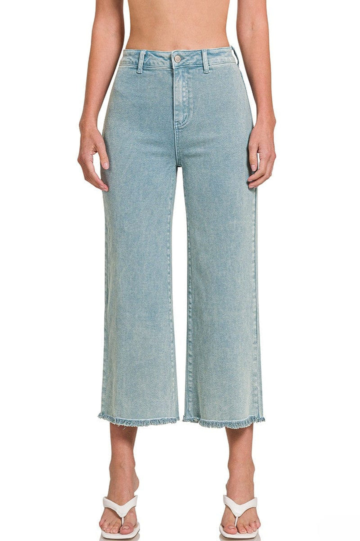 Zenana Acid Washed High Waist Frayed Hem Straight Pants