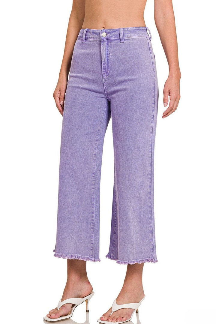 Zenana Acid Washed High Waist Frayed Hem Straight Pants