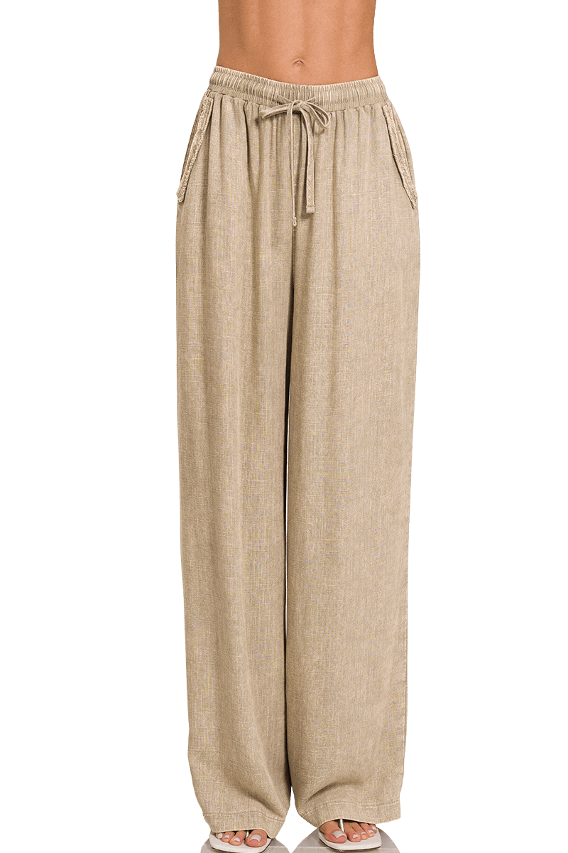 Zenana Acid Washed Linen Elastic Waistband Pants