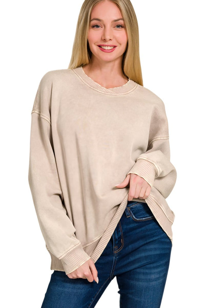 Zenana Acid Washed Oversized Fleece Pullover