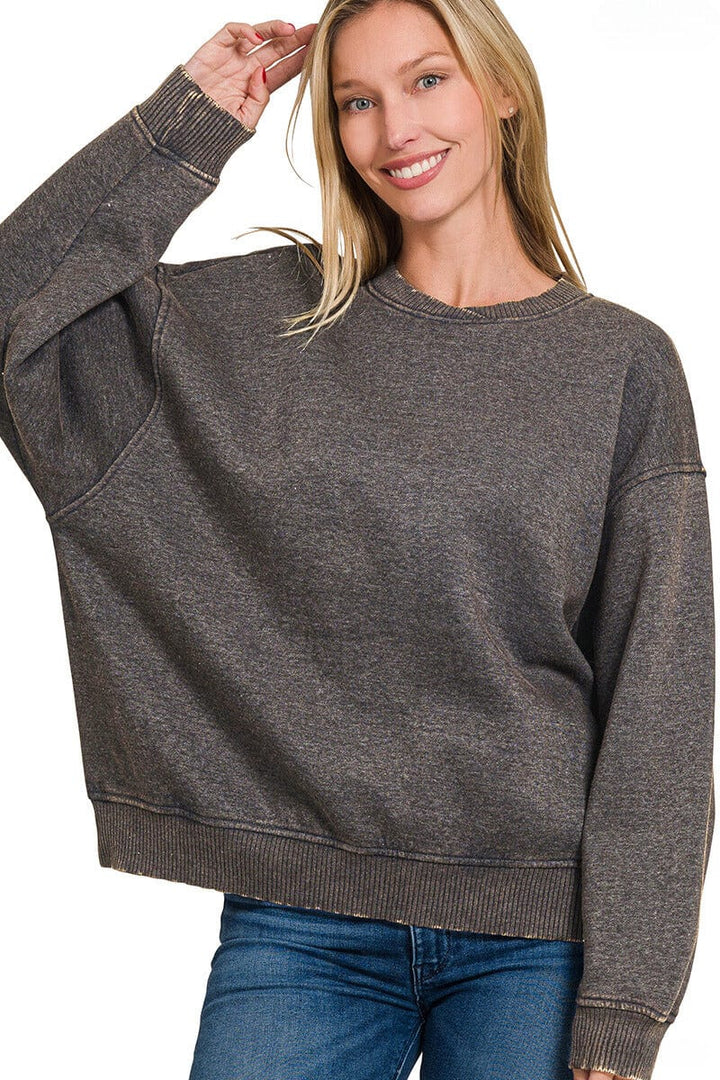 Zenana Acid Washed Oversized Fleece Pullover