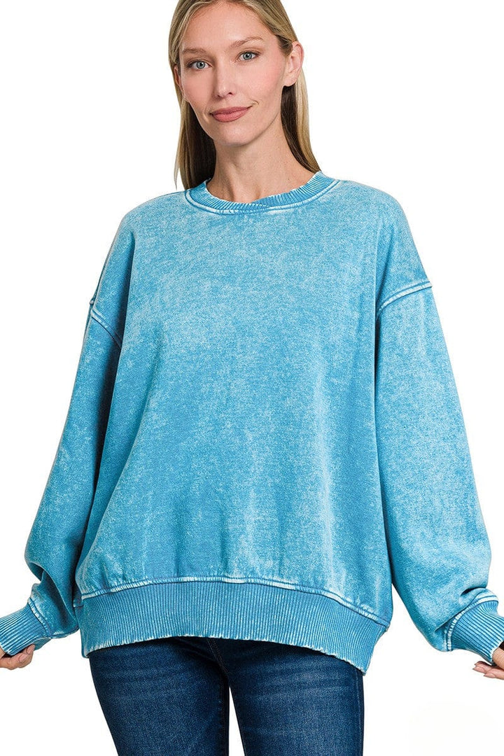 Zenana Acid Washed Oversized Fleece Pullover