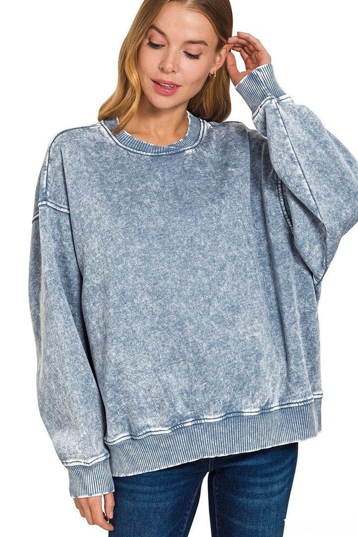 Zenana Acid Washed Oversized Fleece Pullover