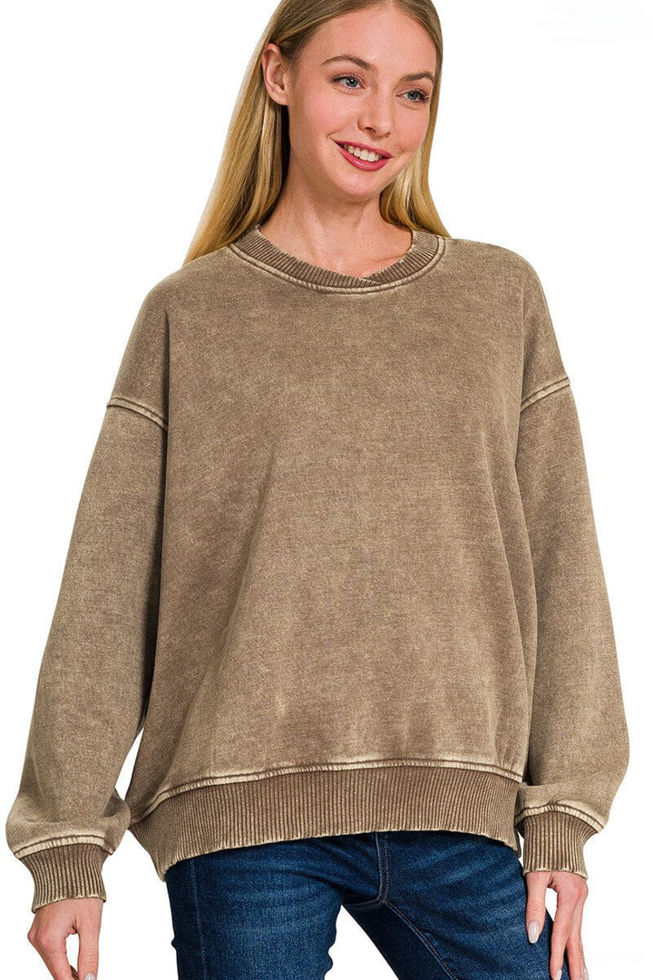 Zenana Acid Washed Oversized Fleece Pullover