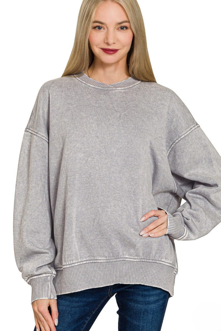 Zenana Acid Washed Oversized Fleece Pullover