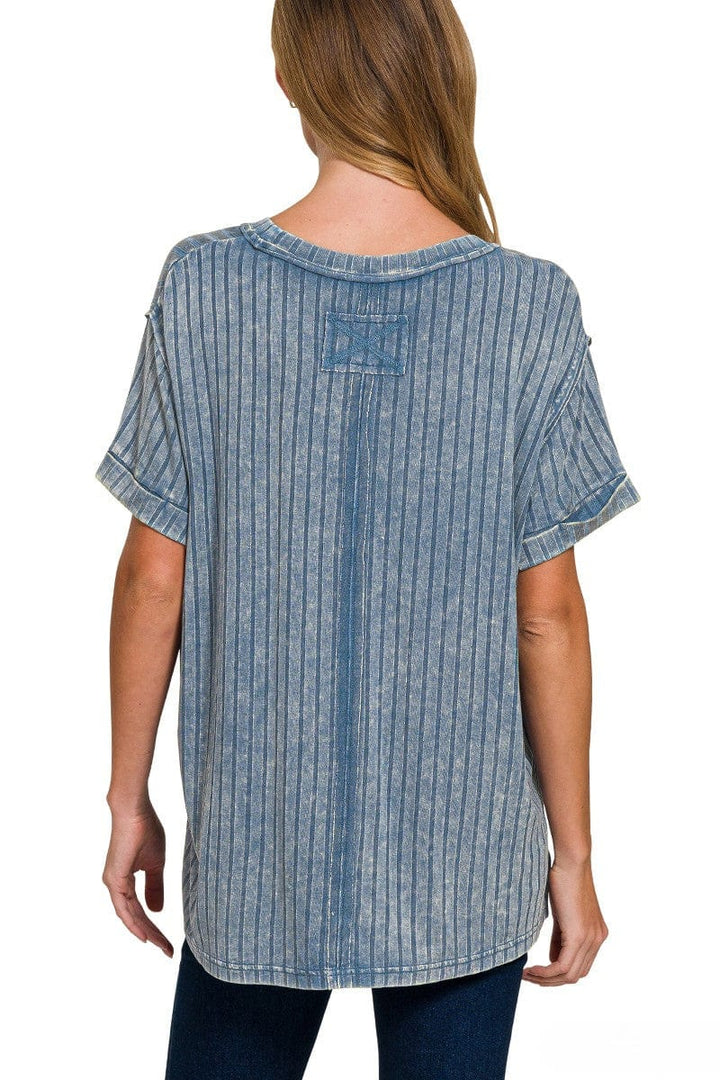 Zenana Acid Washed Ribbed Short Sleeve Boat-Neck Top