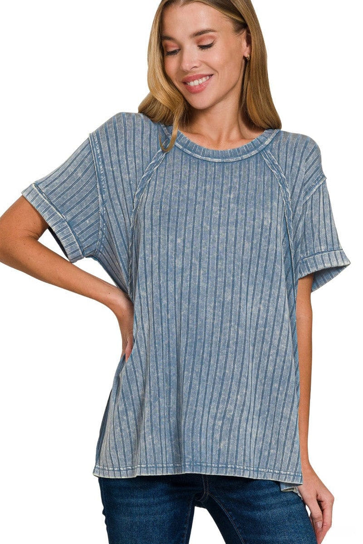 Zenana Acid Washed Ribbed Short Sleeve Boat-Neck Top