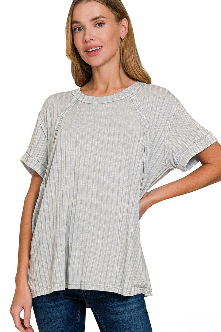 Zenana Acid Washed Ribbed Short Sleeve Boat-Neck Top