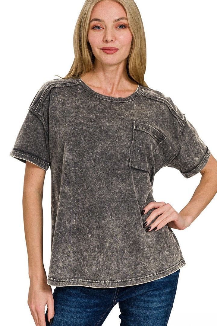 Zenana Acid Washed Round Neck Front Pocket T-Shirt