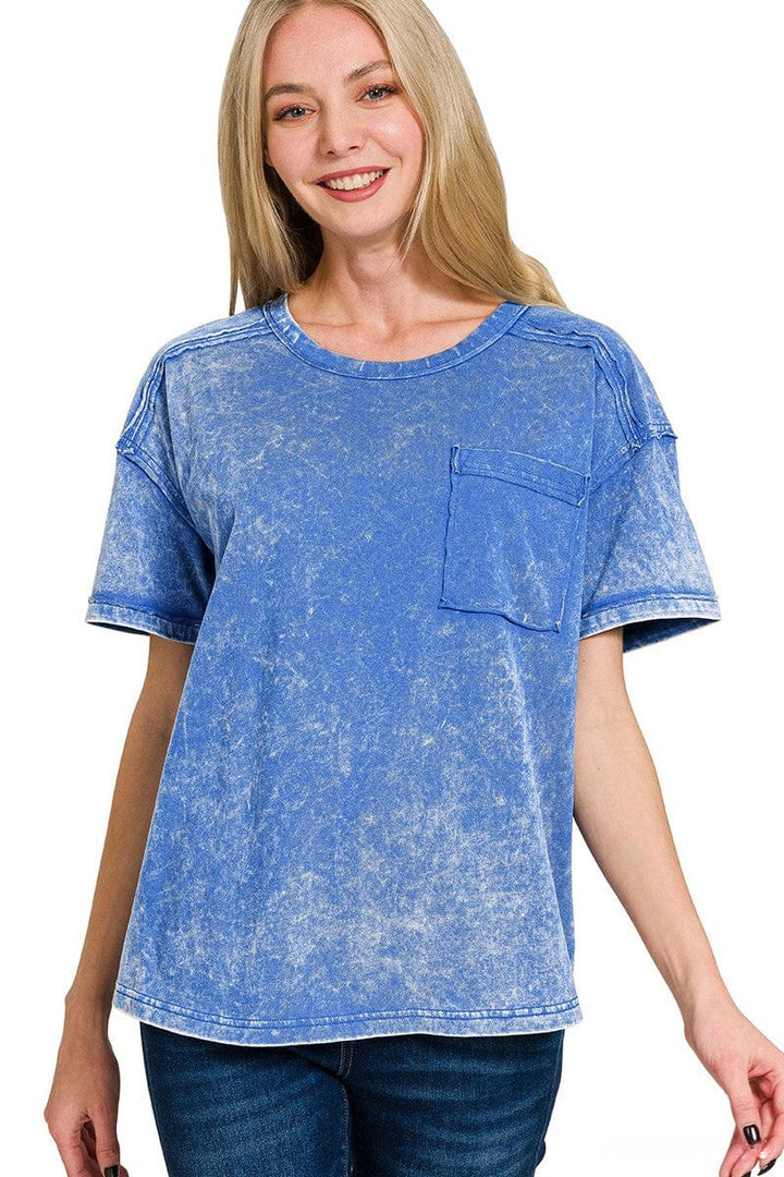 Zenana Acid Washed Round Neck Front Pocket T-Shirt